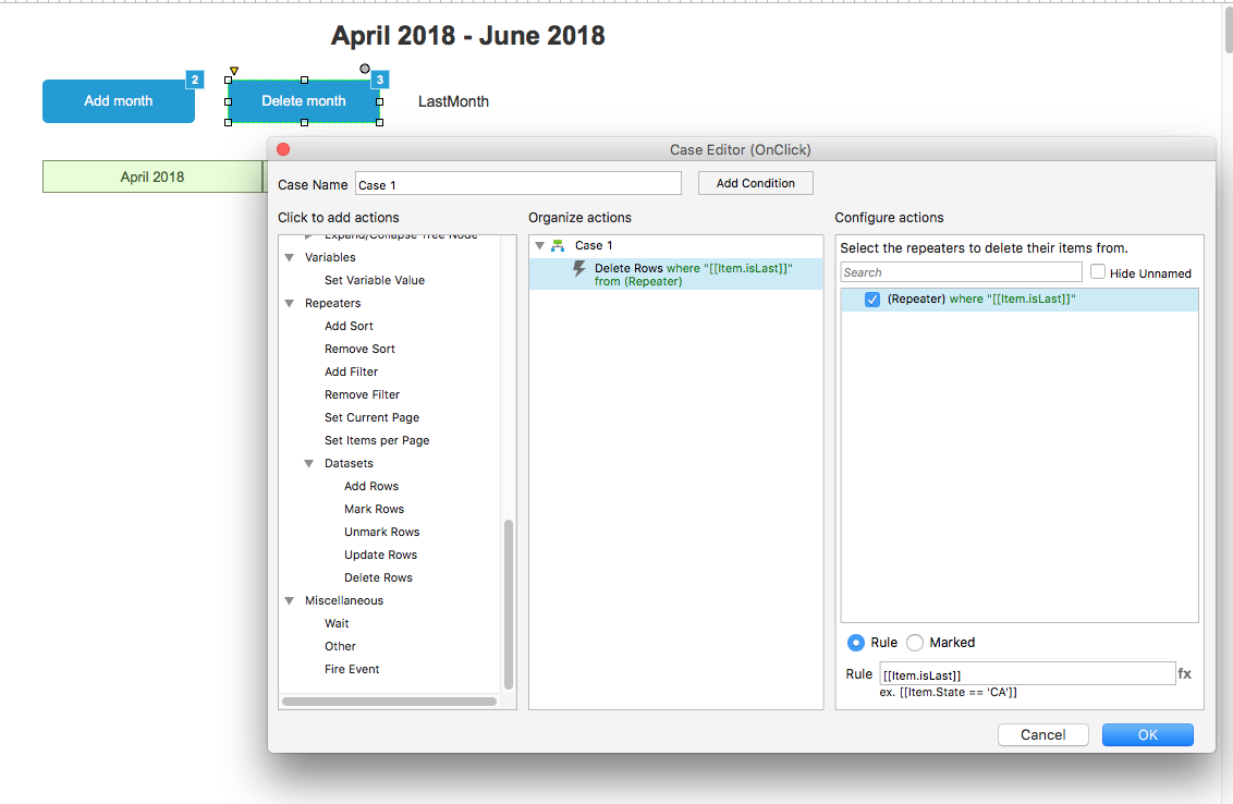 Set text on widget Repeater Item.isFirst + Item.isLast Axure RP 8