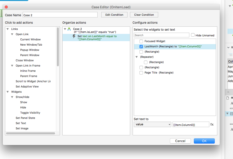 Set text on widget Repeater Item.isFirst + Item.isLast Axure RP 8